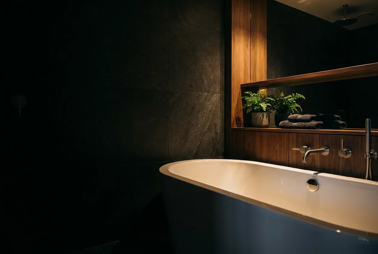Bañera exenta blanca reesmaltada en un baño oscuro y elegante